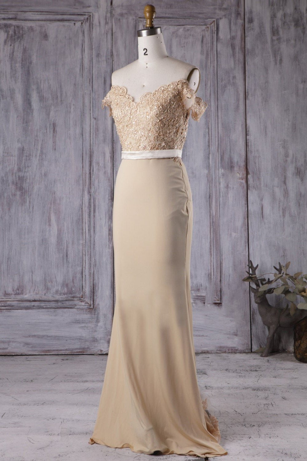 Unthony - Off the Shoulder Mermaid Champagne Lace Long Prom Dress