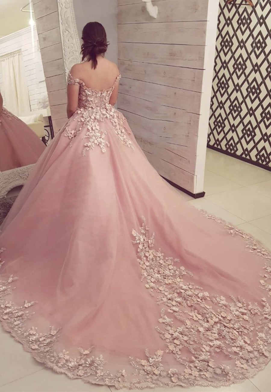 Unthony - Off Shoulder Pink Lace Floral Long Prom Dresses