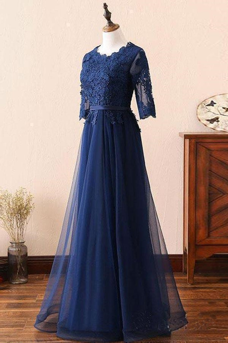Unthony - Custom Made Long Sleeves Navy Blue Lace Prom Dress