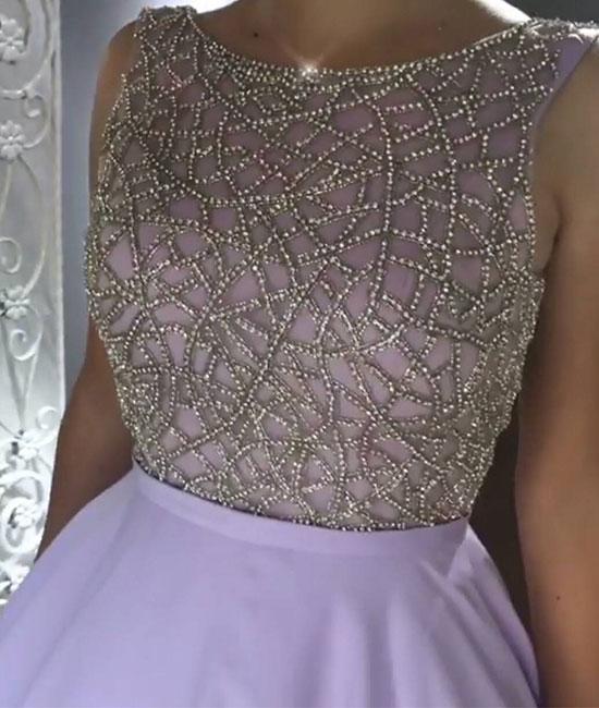 Unthony - Round Neck Purple Satin long Prom Dress With Beads