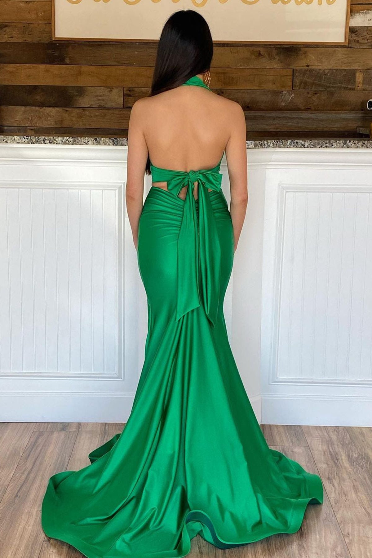 Unthony - Halter V Neck Mermaid Two Pieces Green Long Prom Dress