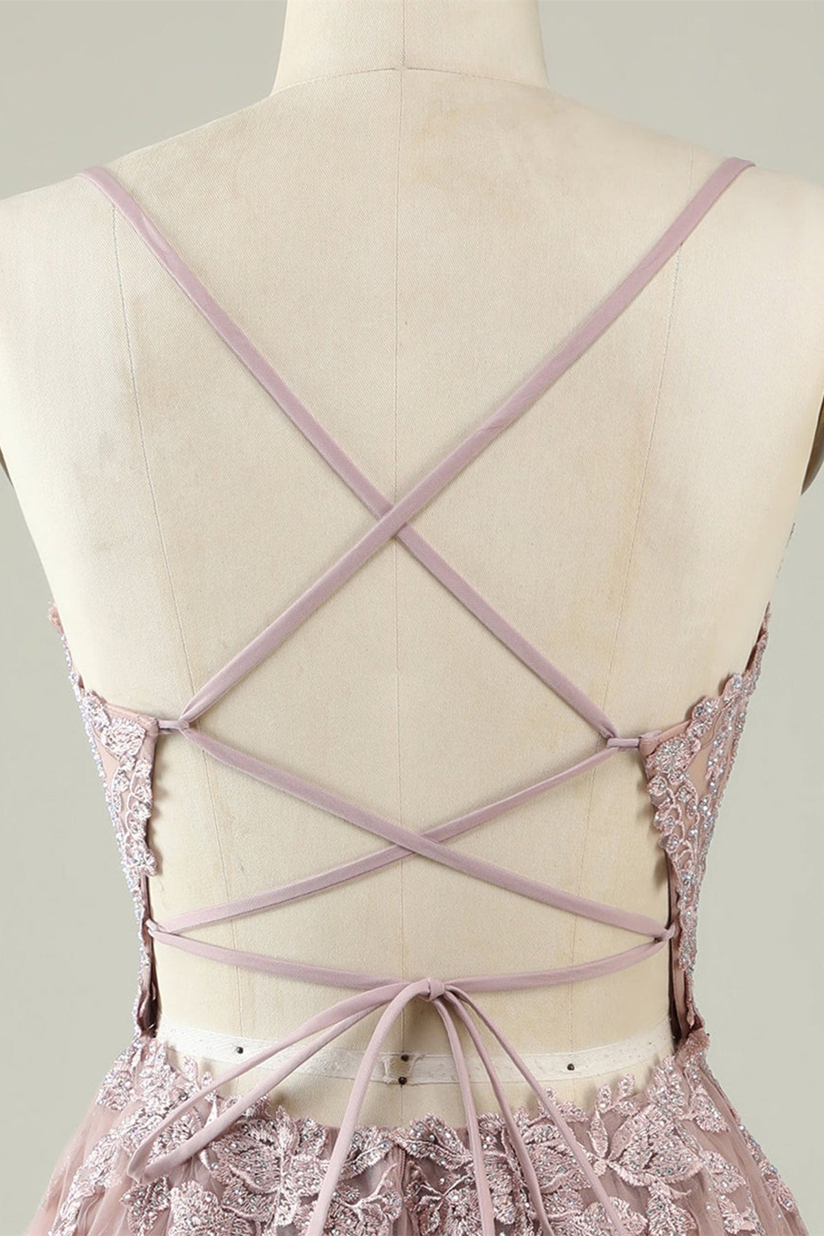 Unthony - Open Back V Neck Pink Lace Appliques Prom Dress