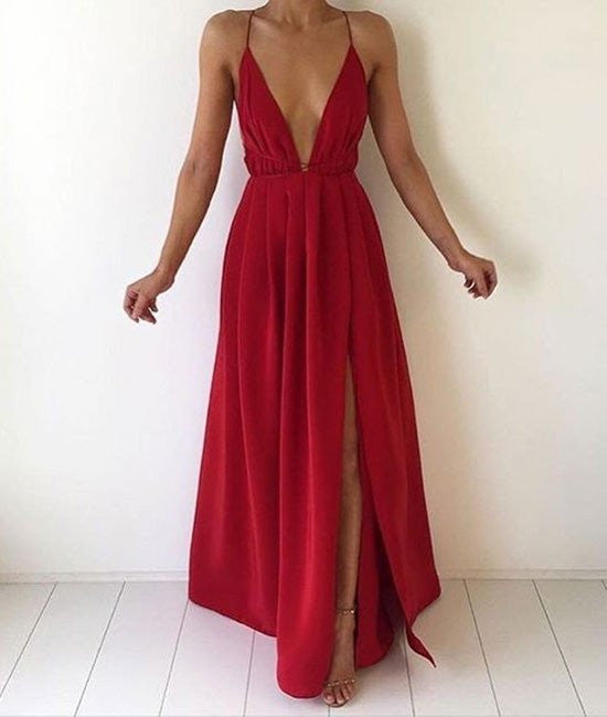 Unthony - Custom Made A Line Backless Red Long Prom Dresses