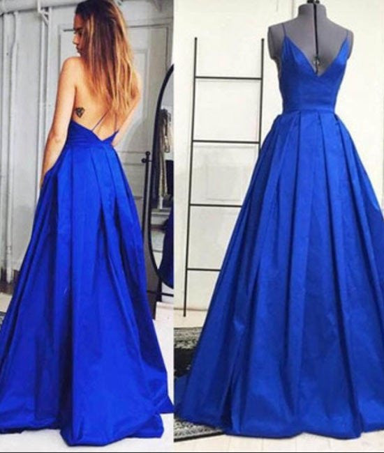 Unthony - Elegant V-neck Ruffles A-line Backless Royal Blue Prom Dresses