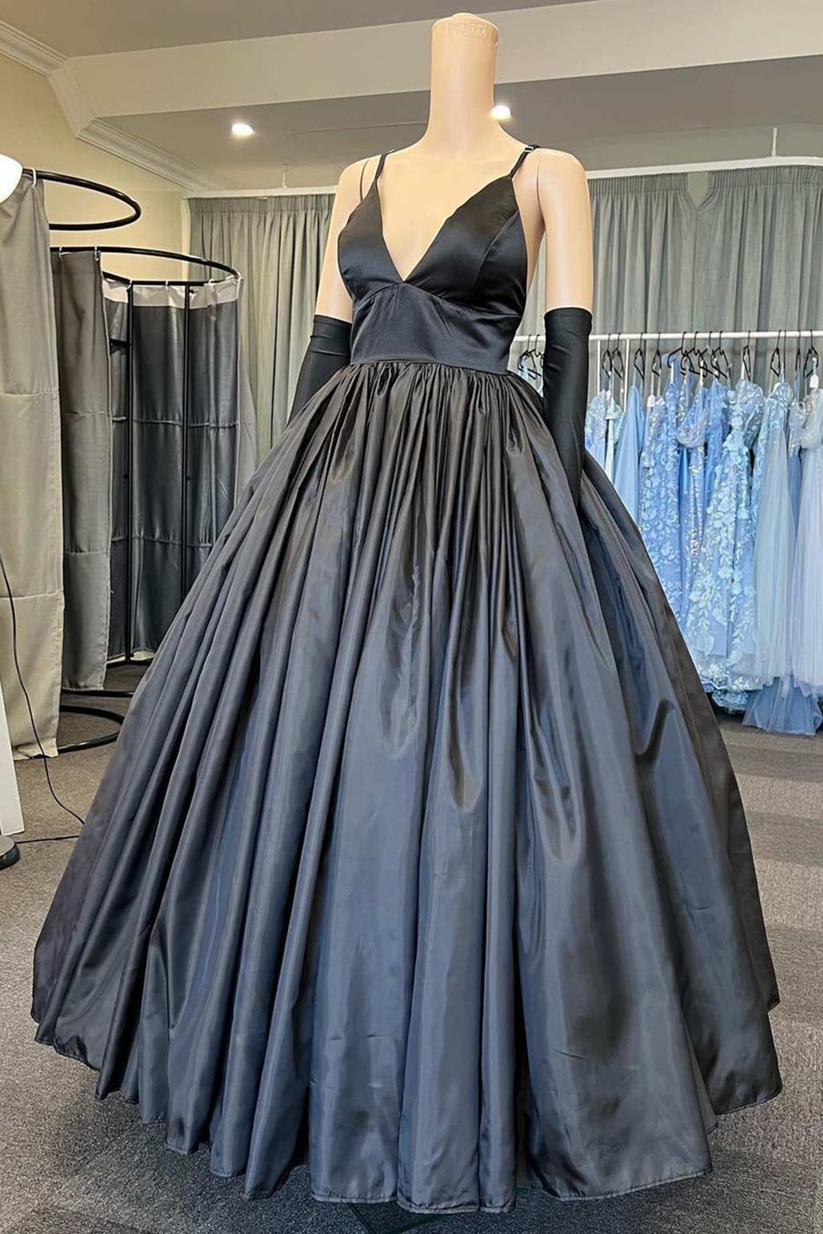 Unthony - A Line V Neck Black Satin Long Prom Dress with Pocket