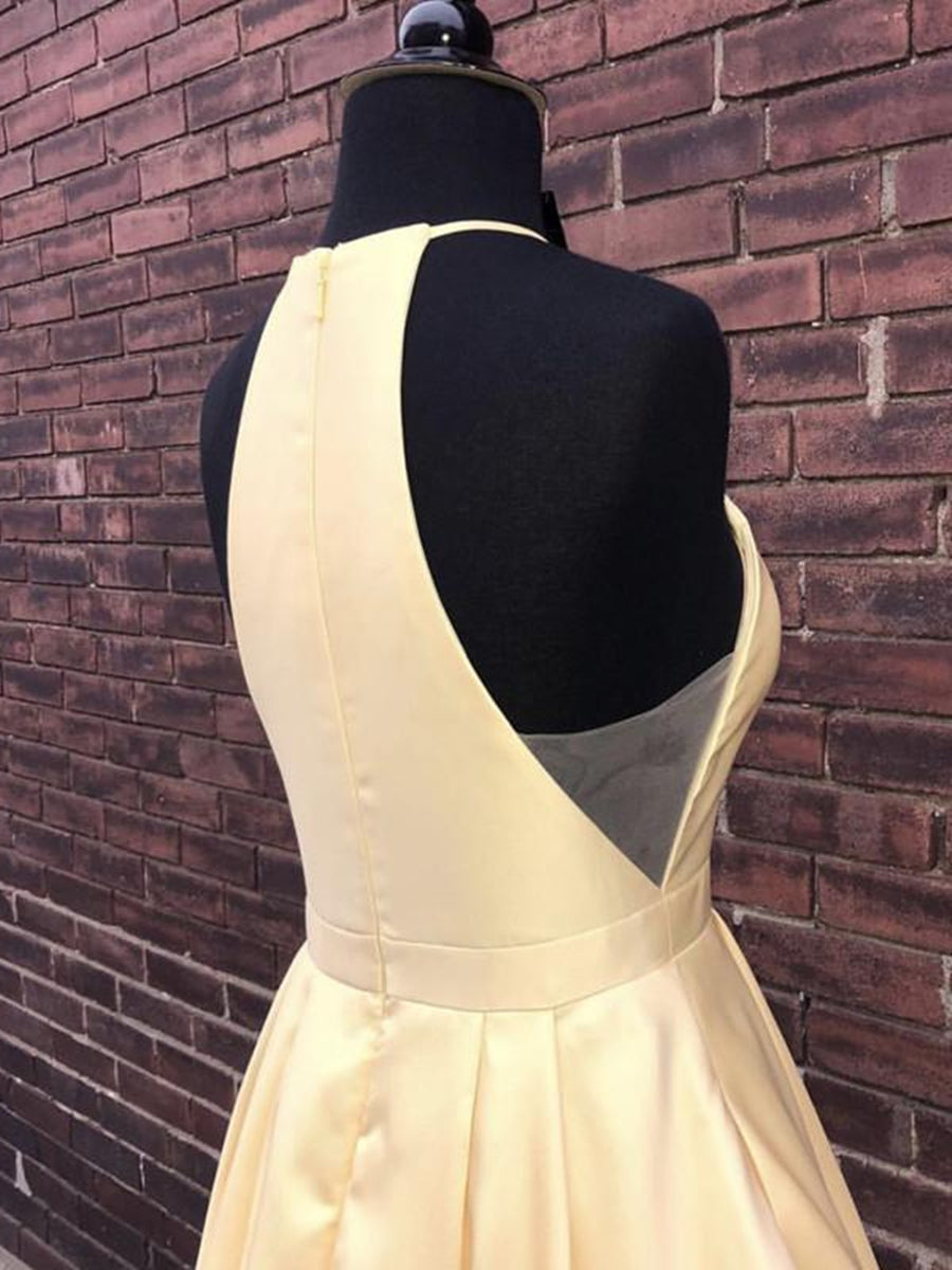Unthony - Simple Halter Yellow Satin Long Prom Dresses 2019