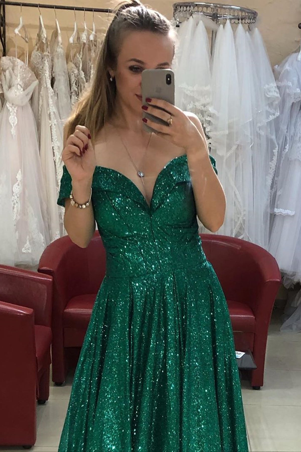 Unthony - Off Shoulder Bling Bling Green Sequins Long Prom Dress
