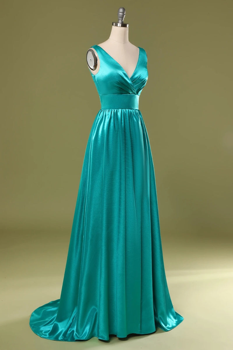Unthony - A Line V Neck and V Back Turquoise Long Prom Dress with Slit
