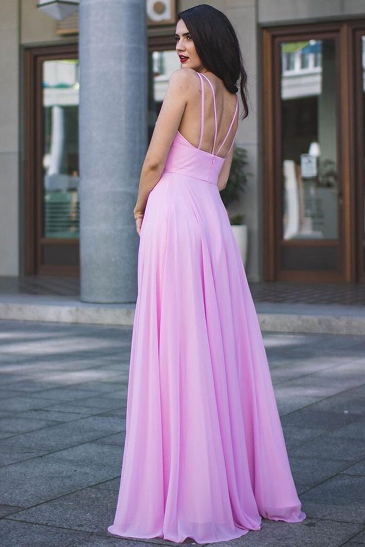 Unthony - Open Back V Neck Pink Long Prom Dress with High Slit