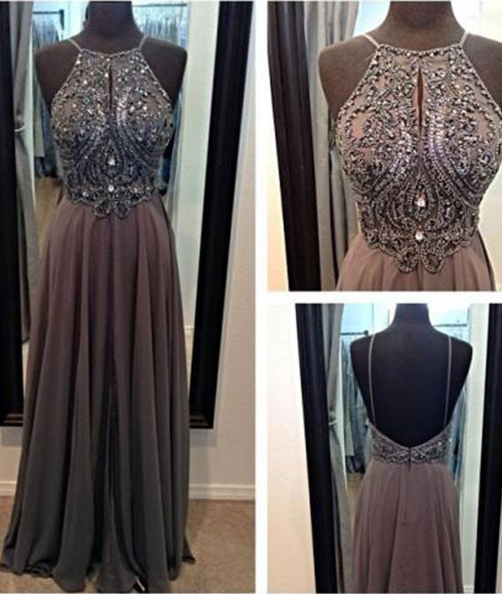 Unthony - A-line Chiffon Beaded Backless Long Prom Dresses