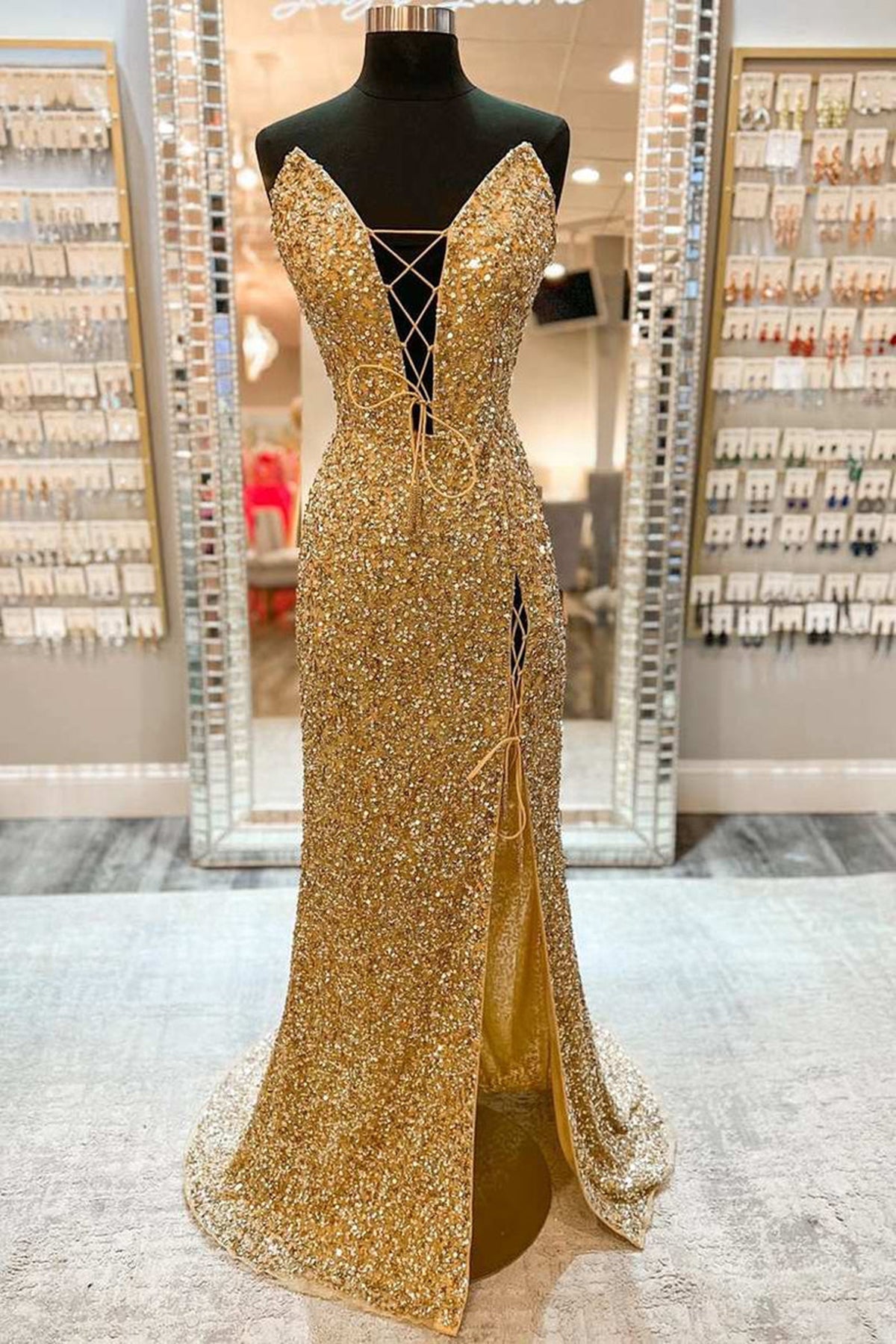 Unthony - V Neck Mermaid Golden Sequins Long Prom Dress with High Slit