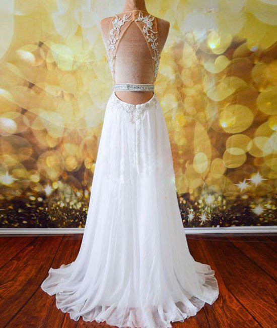 Unthony - White Chiffon Tulle Appliques Lace Sweep Train Sexy Open Back Prom Dresses