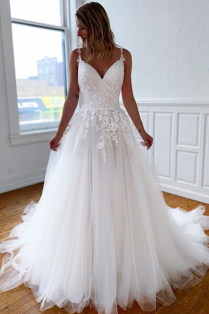 Unthony - A Line V Neck Open Back White Lace Long Wedding Dress