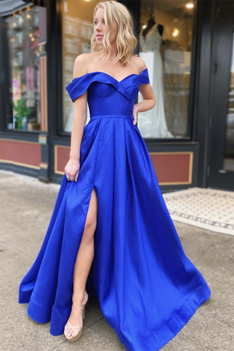 Unthony - Off Shoulder Royal Blue Satin Long Prom Dress with Leg Slit
