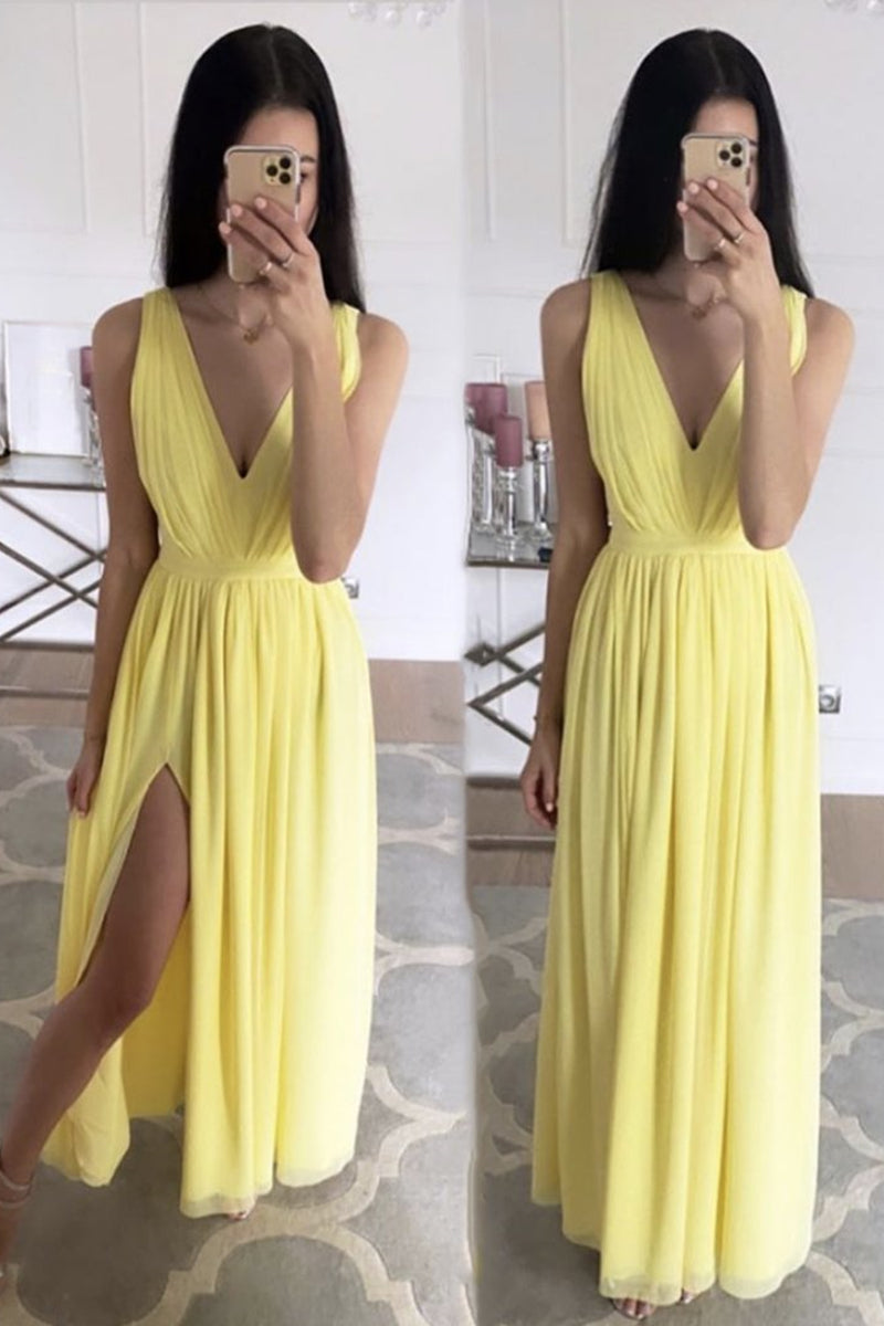 Unthony - Simple A Line V Neck Yellow Chiffon Long Prom Dress with Slit