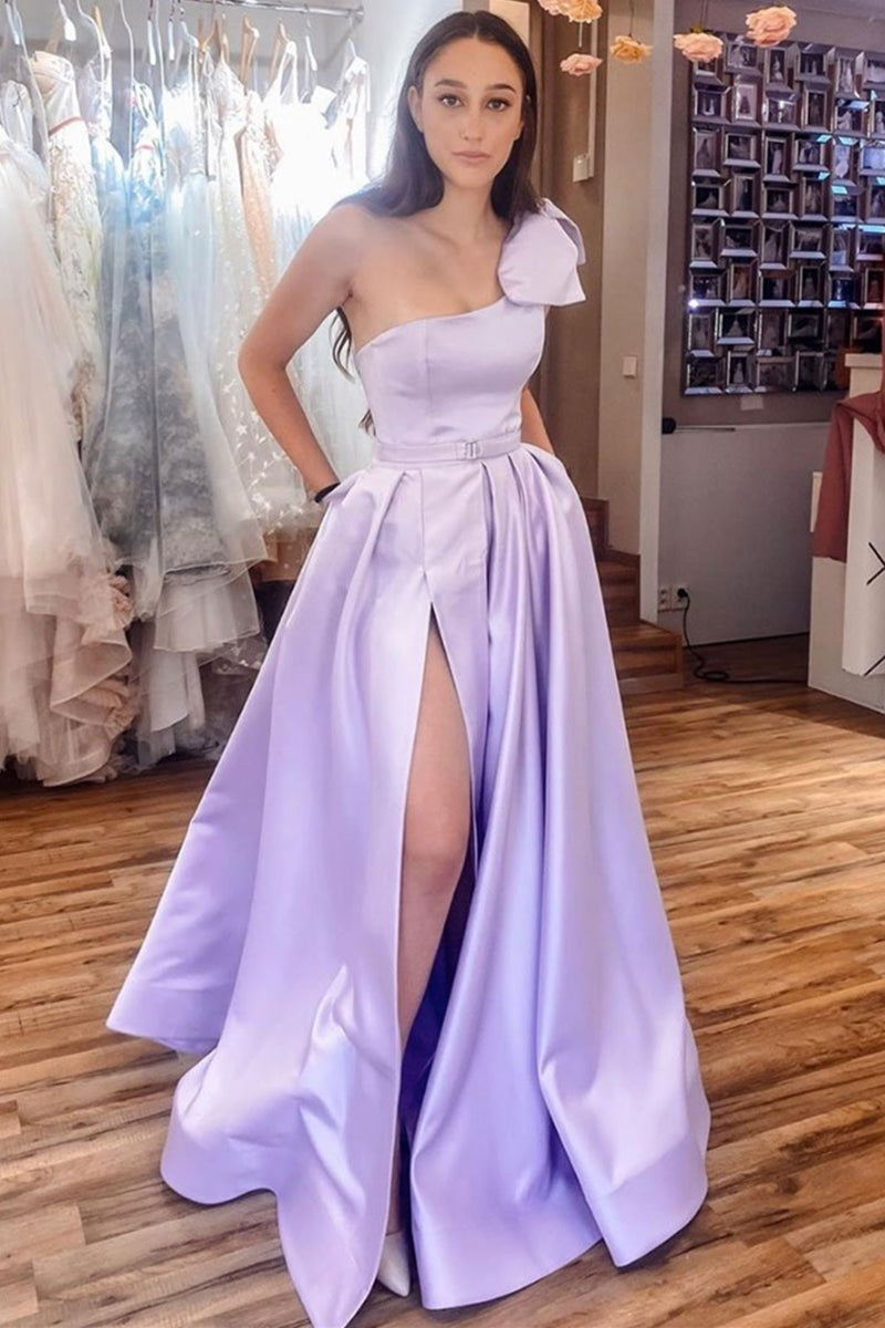 Unthony - One Shoulder High Slit Purple Satin Long Prom Dress with High Slit