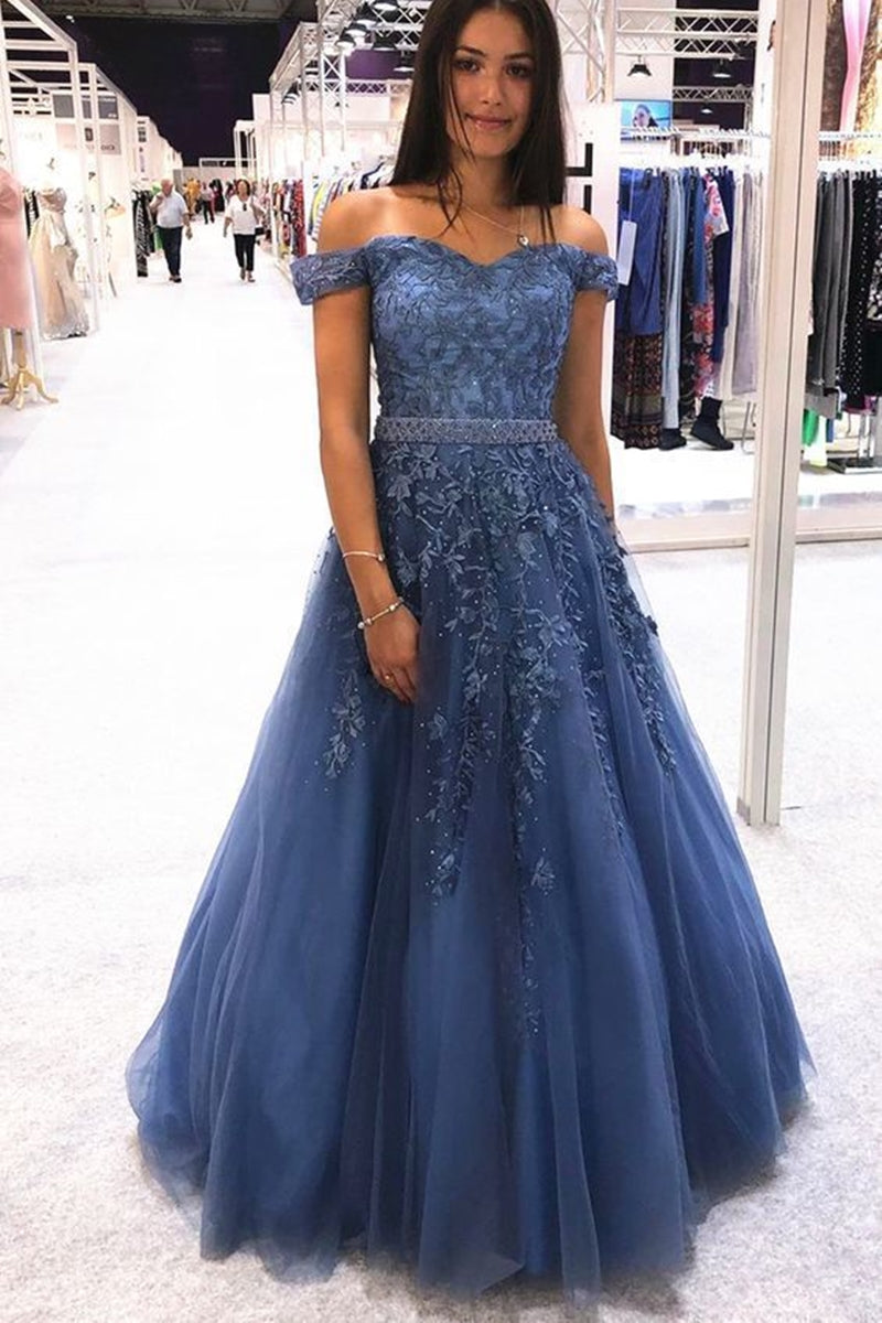 Unthony - Stylish Off Shoulder Blue Lace Long Prom Dress 2020