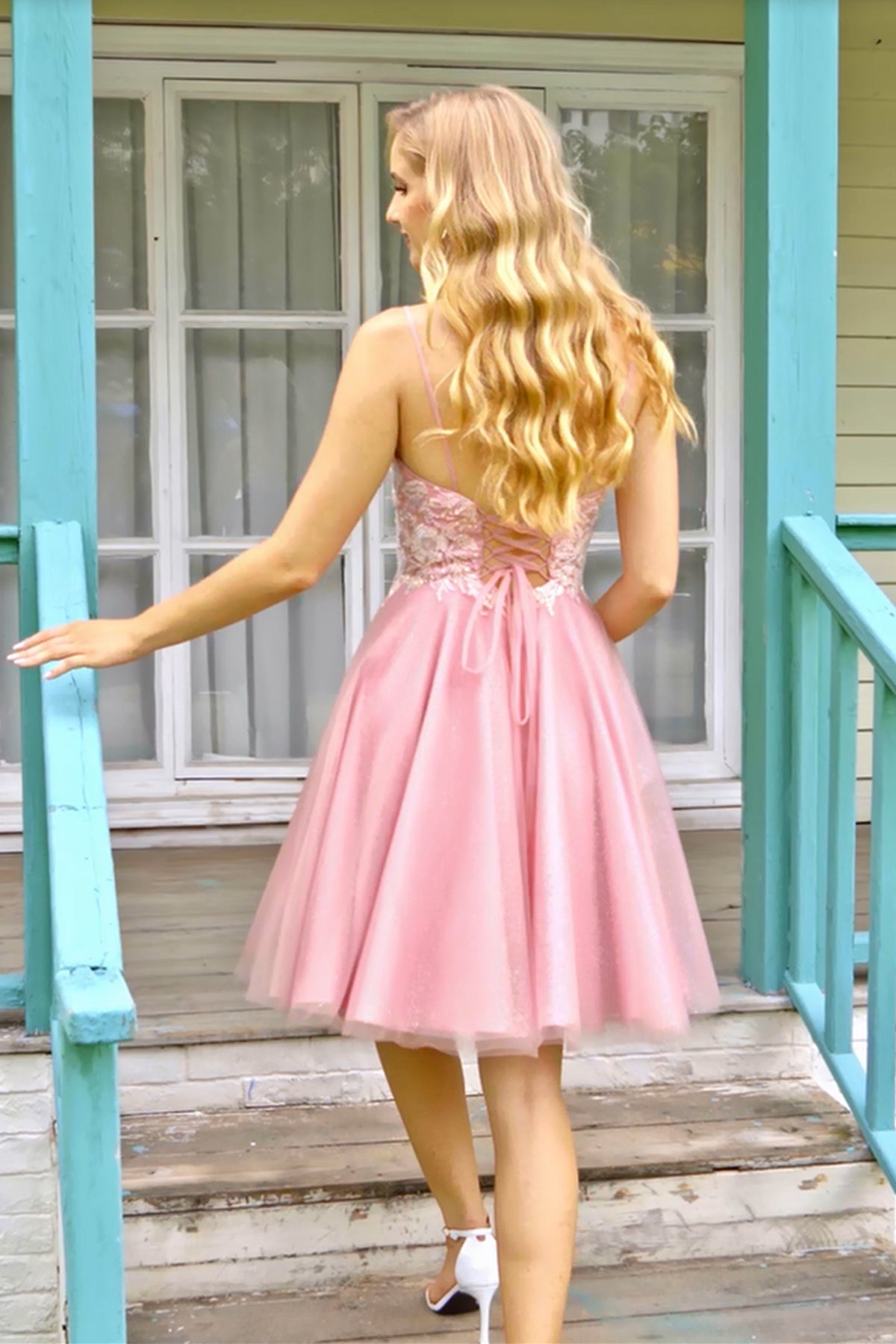 Unthony - A Line V Neck Open Back Pink Lace Prom Dress