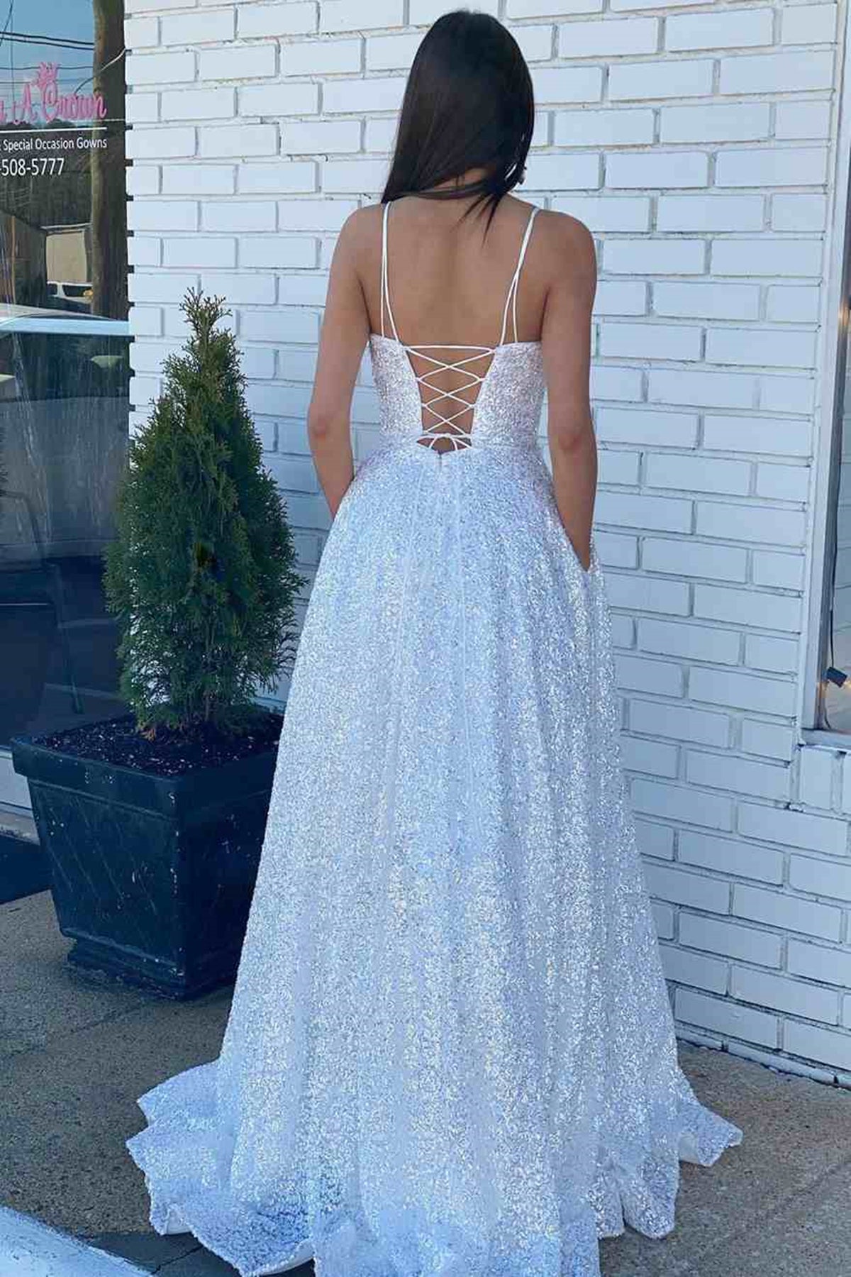 Unthony - Shiny White Sequins Open Back Long Prom Dress with Pocket