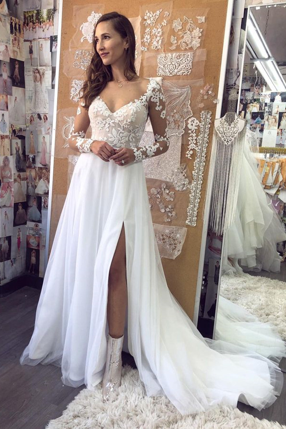 Unthony - Elegant Long Sleeves White Lace Long Prom Dress