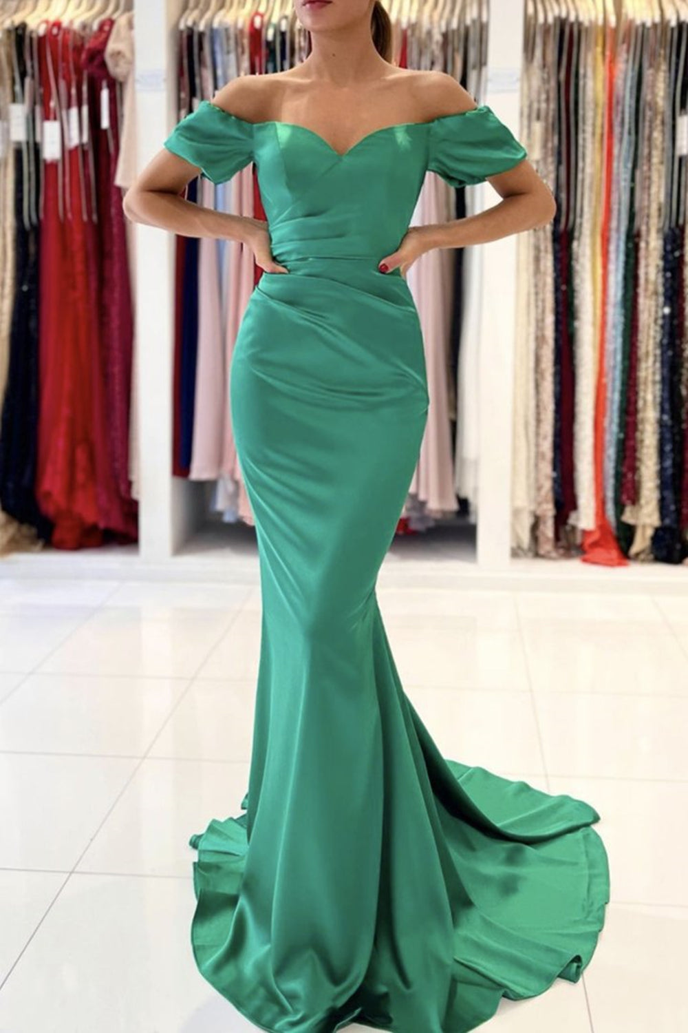Unthony - Off Shoulder Mermaid Green Satin Long Prom Dress