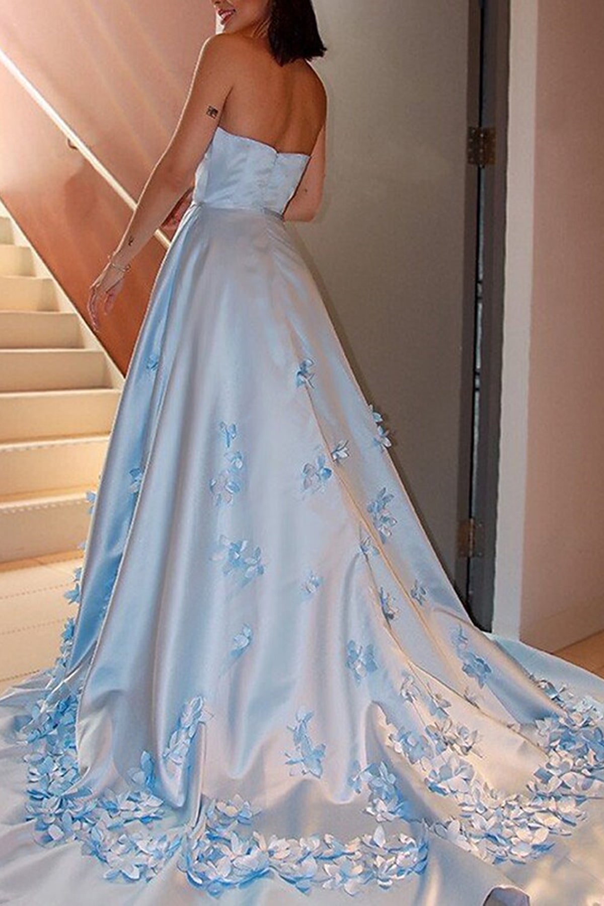 Unthony - Strapless Open Back Light Blue Satin Long Prom Dress with Flowers