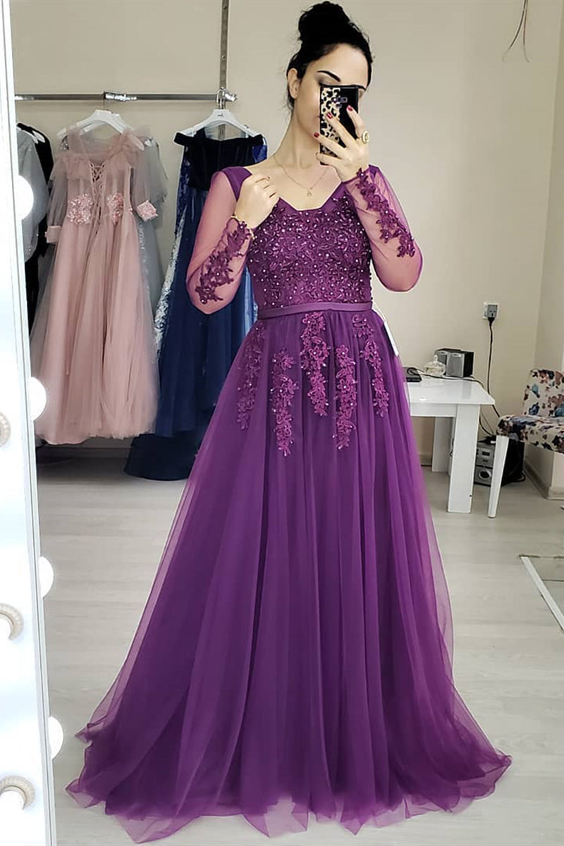 Unthony - Long Sleeves Purple Lace Long Prom Dress