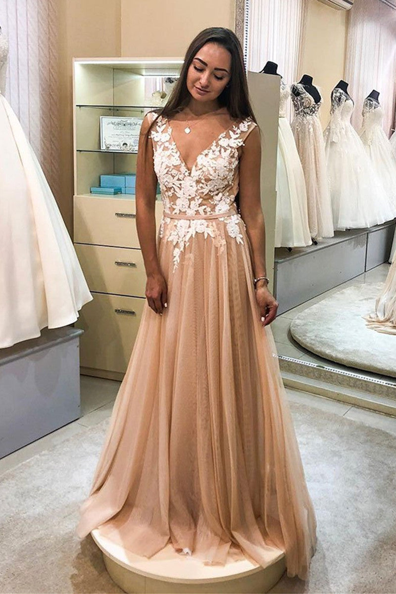 Unthony - A Line V Neck White Lace Champagne Tulle Long Prom Dresses
