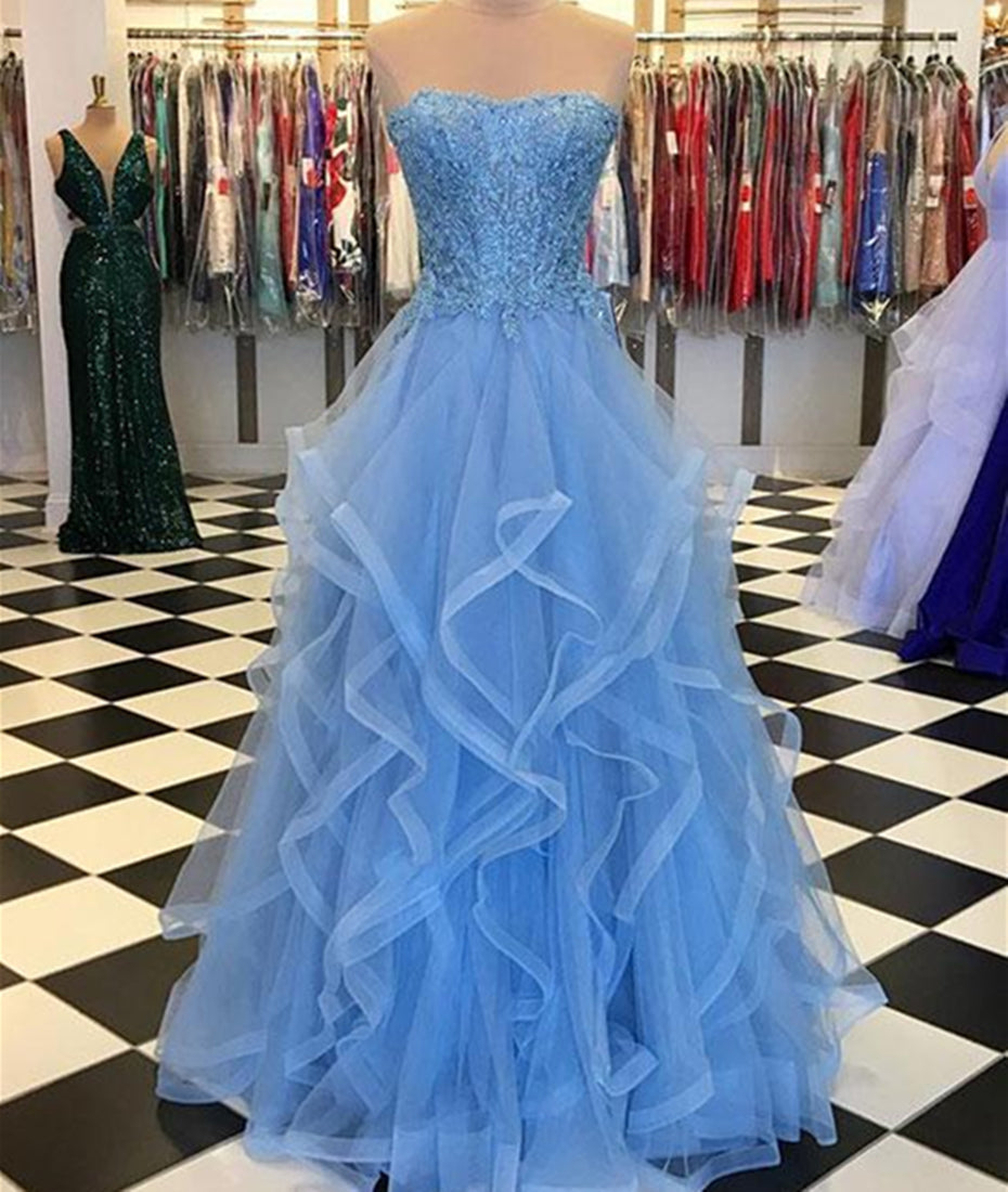 Unthony - Blue Lace Tulle Long Prom Dresses