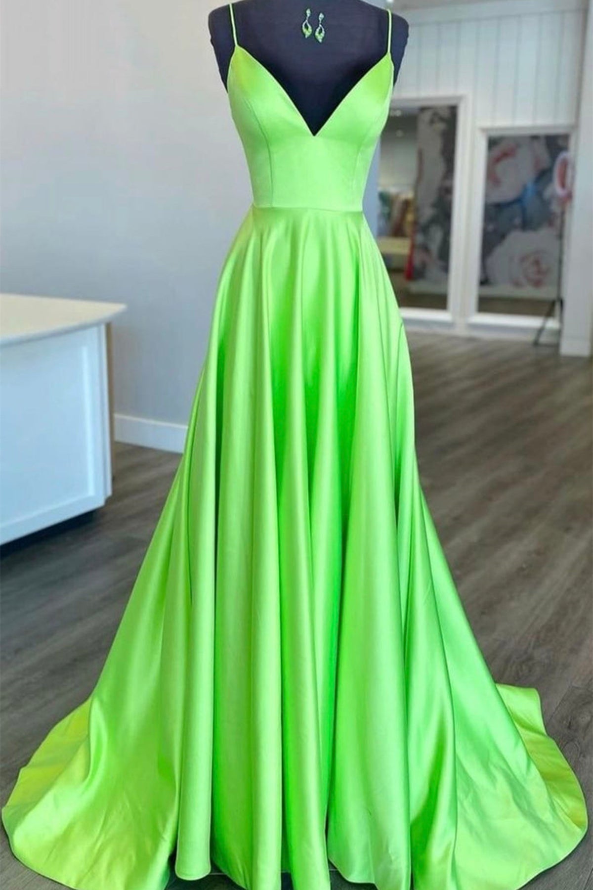 Unthony - Simple A Line V Neck Green Satin Long Prom Dress
