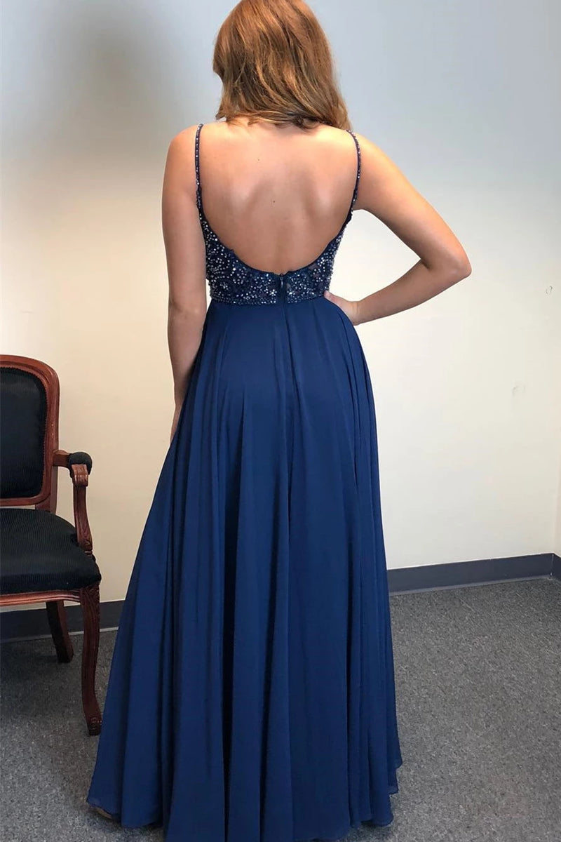 Unthony - A Line V Neck Backless Beaded Navy Blue Prom Dresses with Slit