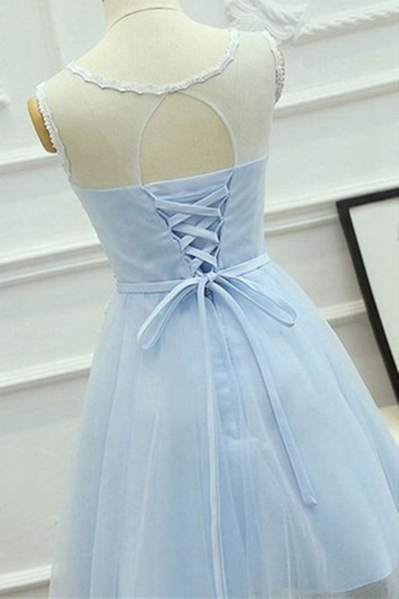 Unthony - A Line Round Neck Lace Blue Short Prom Dress