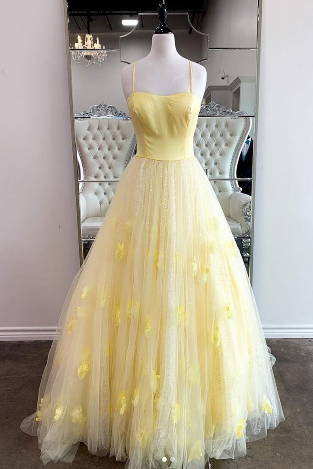 Unthony - Shiny Yellow Tulle Sequins Long Prom Dress with Thin Straps