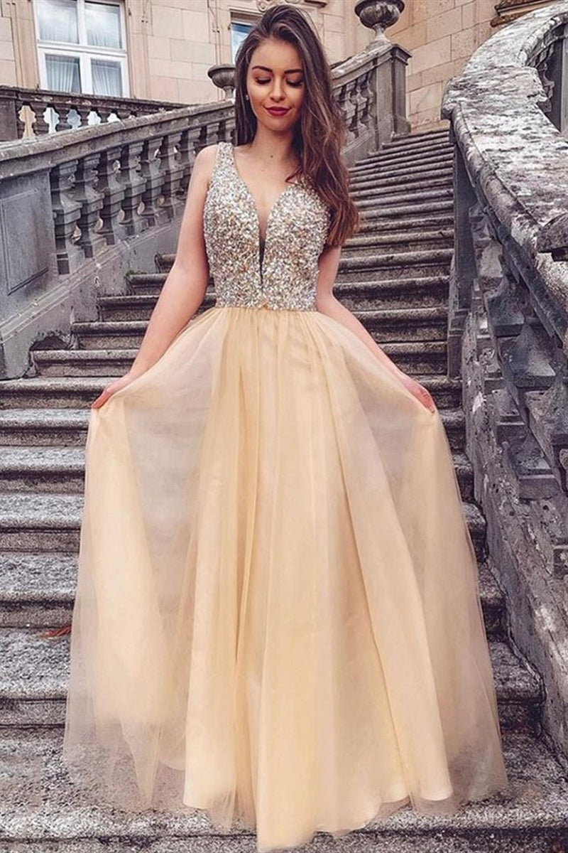 Unthony - A Line V Neck Sequins Champagne Long Prom Dress