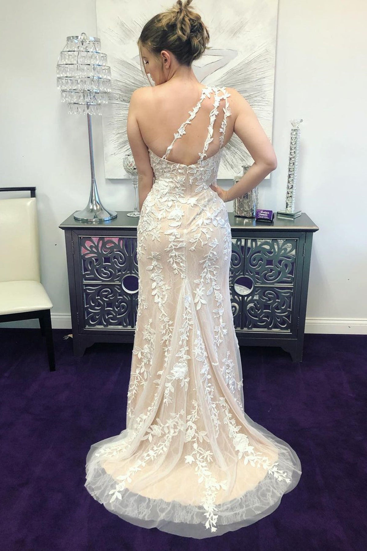 Unthony - One Shoulder Champagne Tulle Lace Long Prom Dress with High Slit