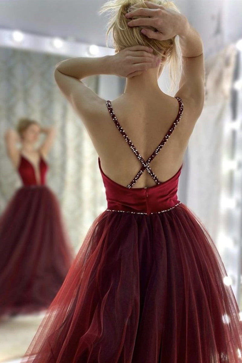Unthony - Deep V Neck Backless Burgundy Tulle Long Prom Dress