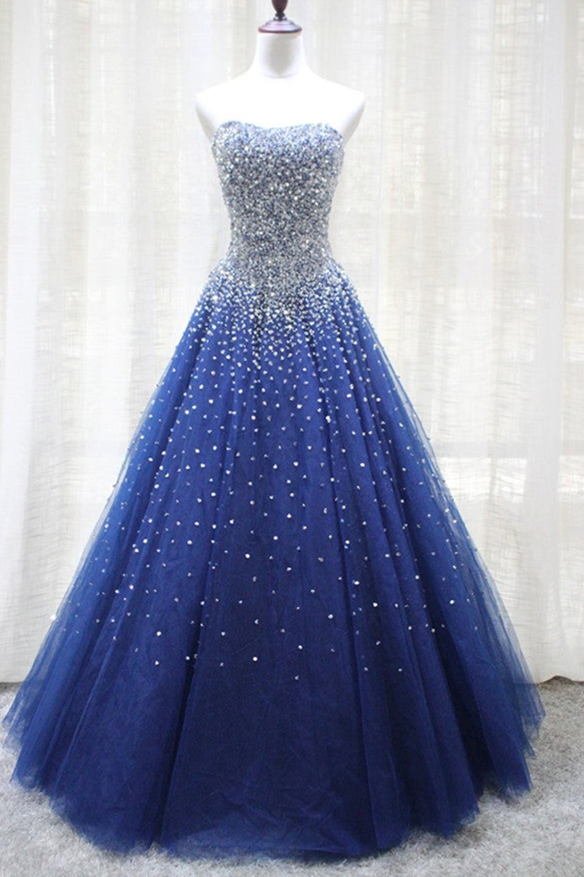 Unthony - Gorgeous Strapless Blue Tulle Beaded Long Prom Dresses