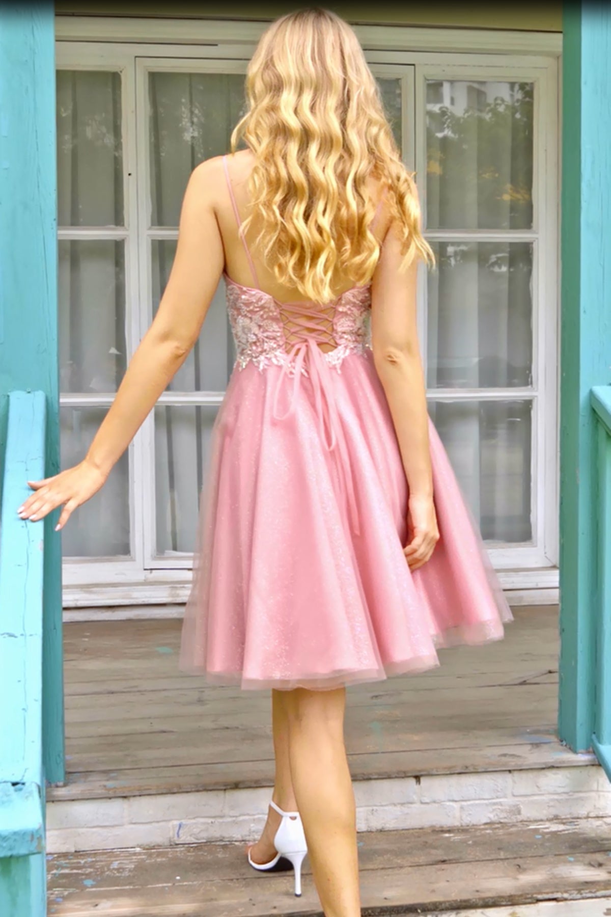 Unthony - A Line V Neck Open Back Pink Lace Prom Dress