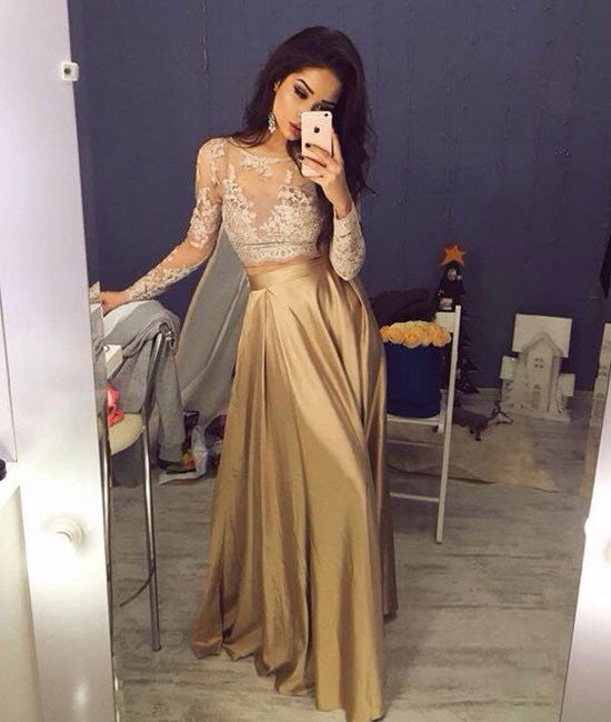 Unthony - Custom Made A-Line Round Neck Long Sleeves Chiffon Lace Prom Dresses