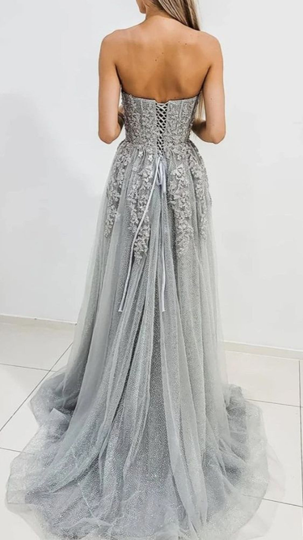 Unthony - Strapless Gray Tulle Lace Long A Line Prom Dresses with High Slit