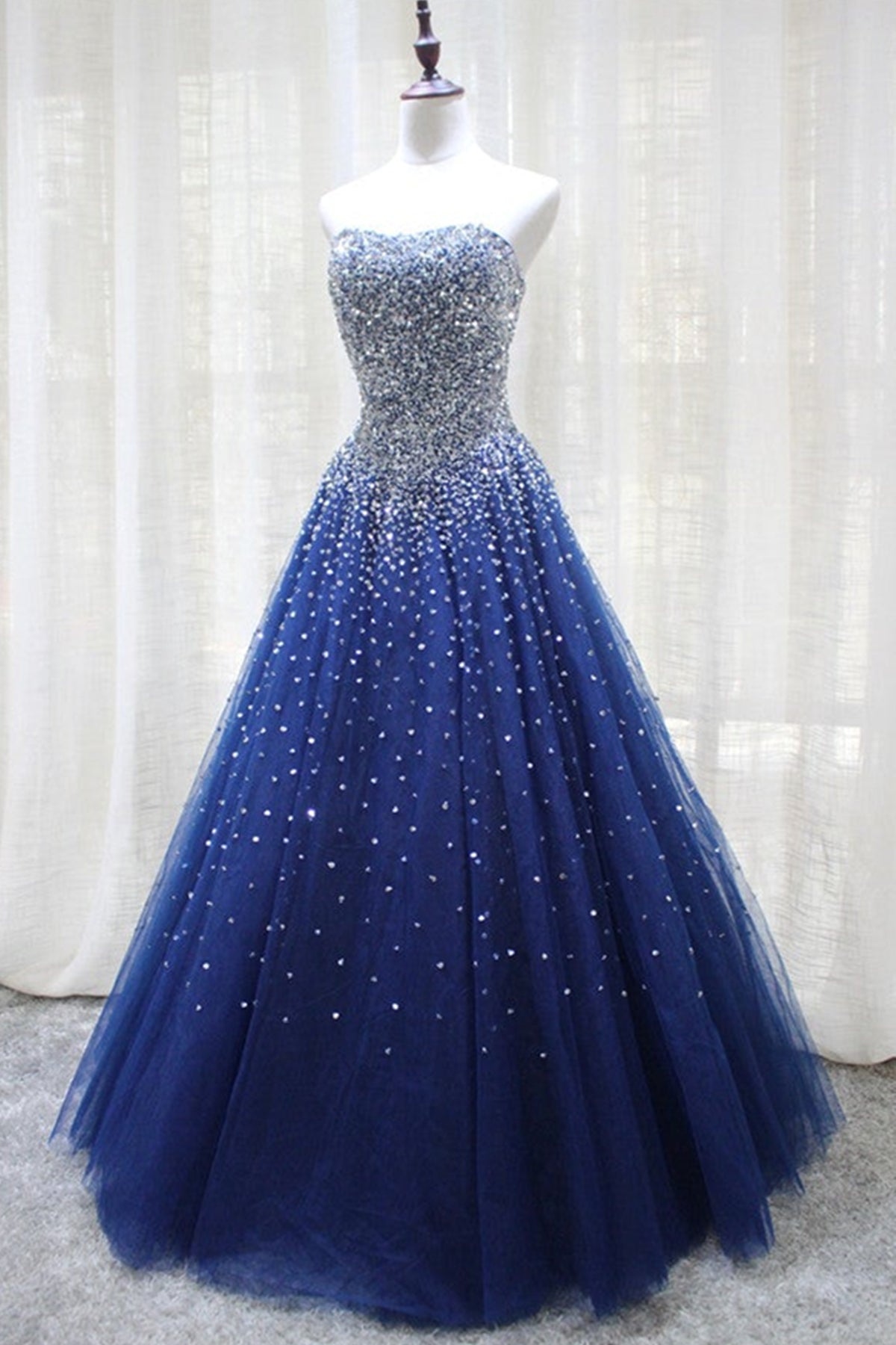 Unthony - Gorgeous Strapless Blue Tulle Beaded Long Prom Dresses