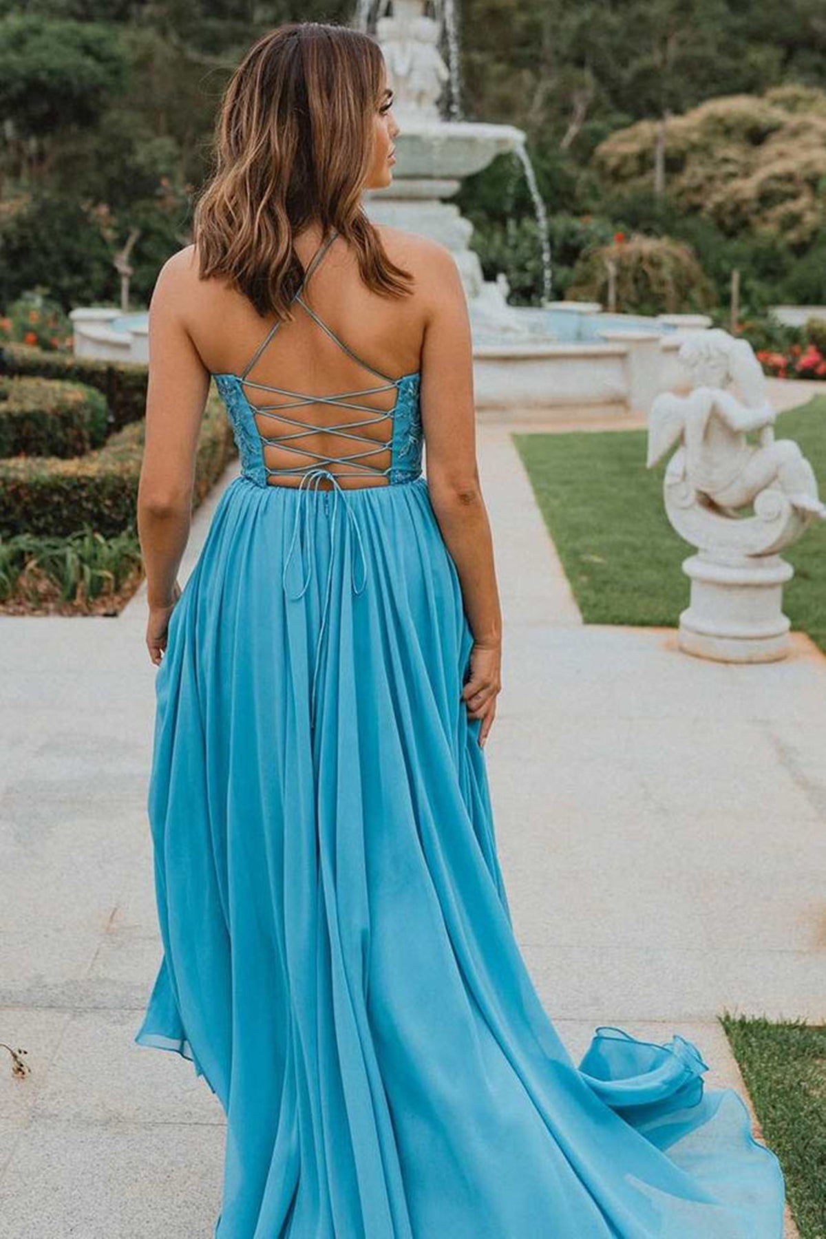 Unthony - Open Back Blue Lace Tulle Long Prom Dress with High Slit