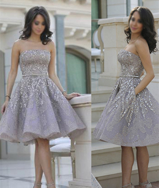 Unthony - Hot Selling Strapless Knee-Length Lavender Organza Homecoming Dresses With Beading Sash Pockets