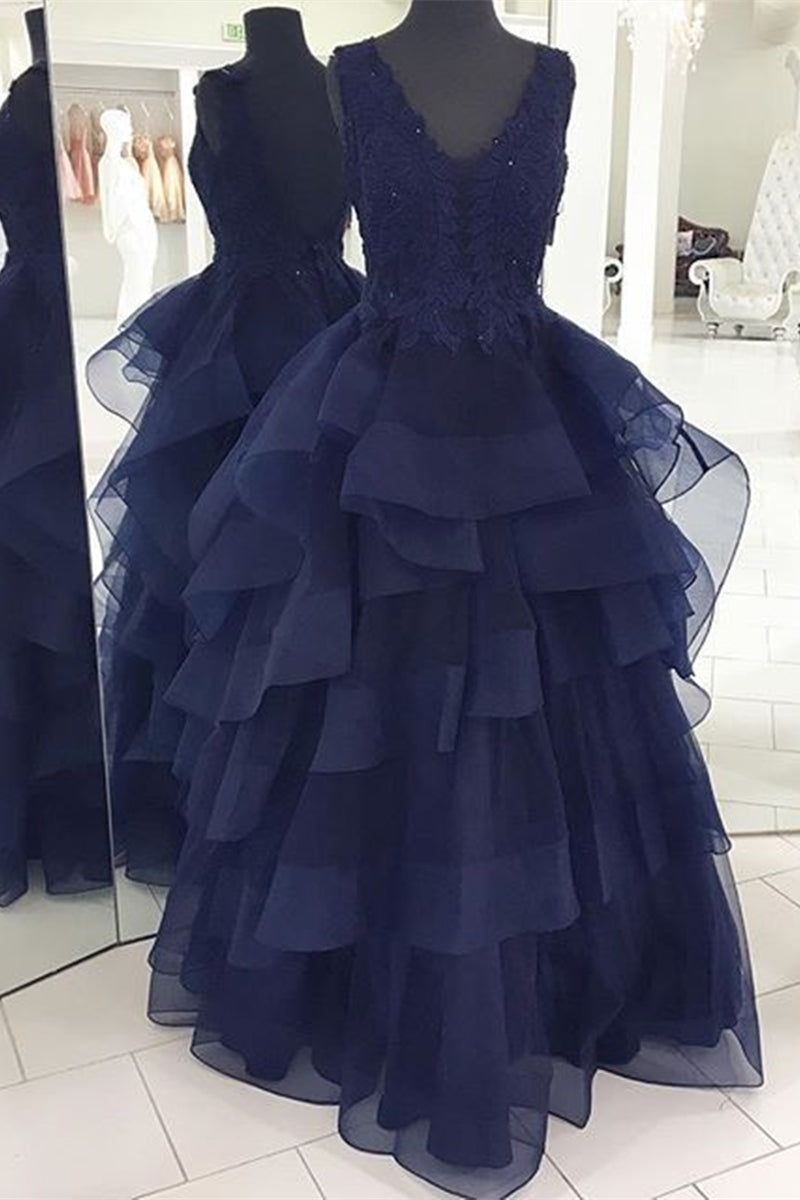 Unthony - Fluffy V Neck Backless Navy Blue Lace Long Prom Dress