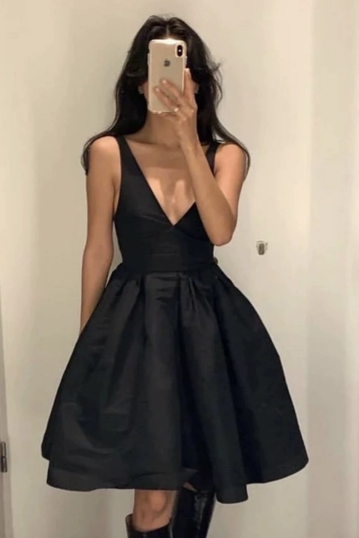 Unthony - Open Back V Neck Black Satin Prom Dress