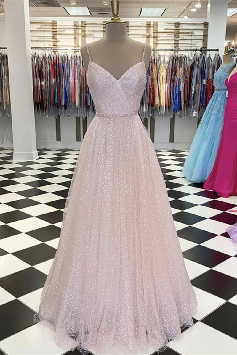 Unthony - Shiny Sequins V Neck Pink Long Prom Dress