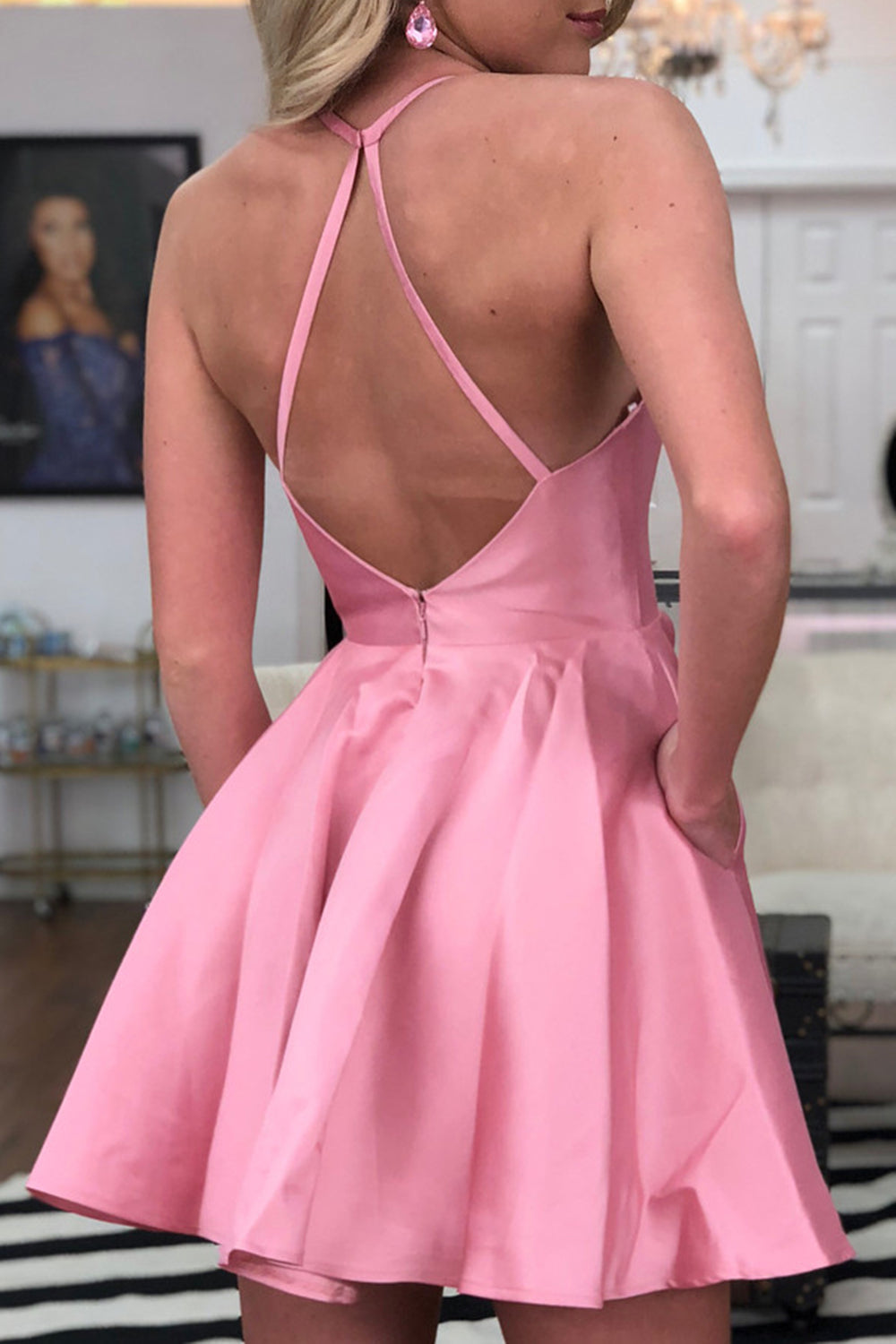 Unthony - Cute Backless Pink Short Prom Homecoming Dress with Pocket