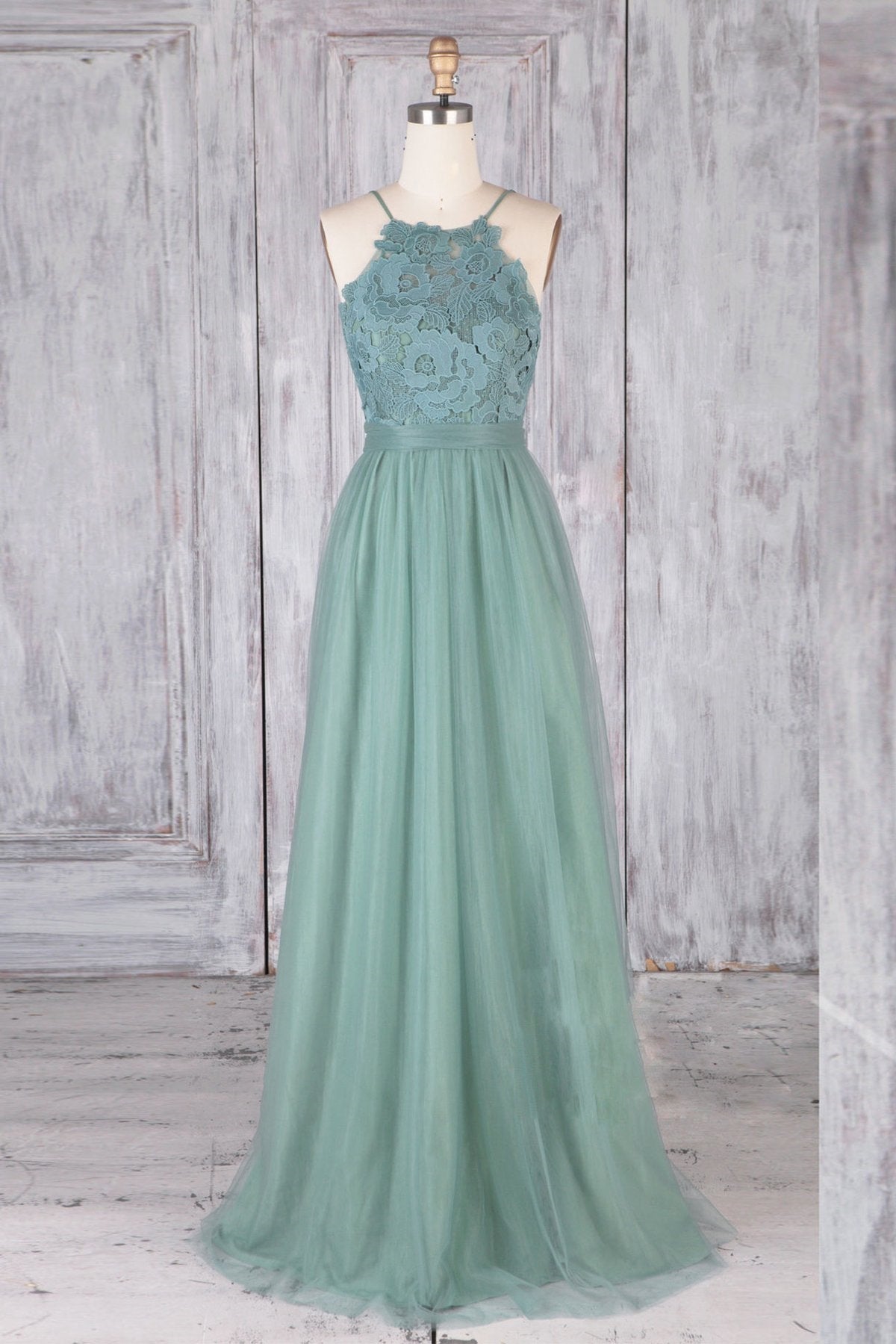Unthony - A Line Backless Lace Green Long Prom Dresses