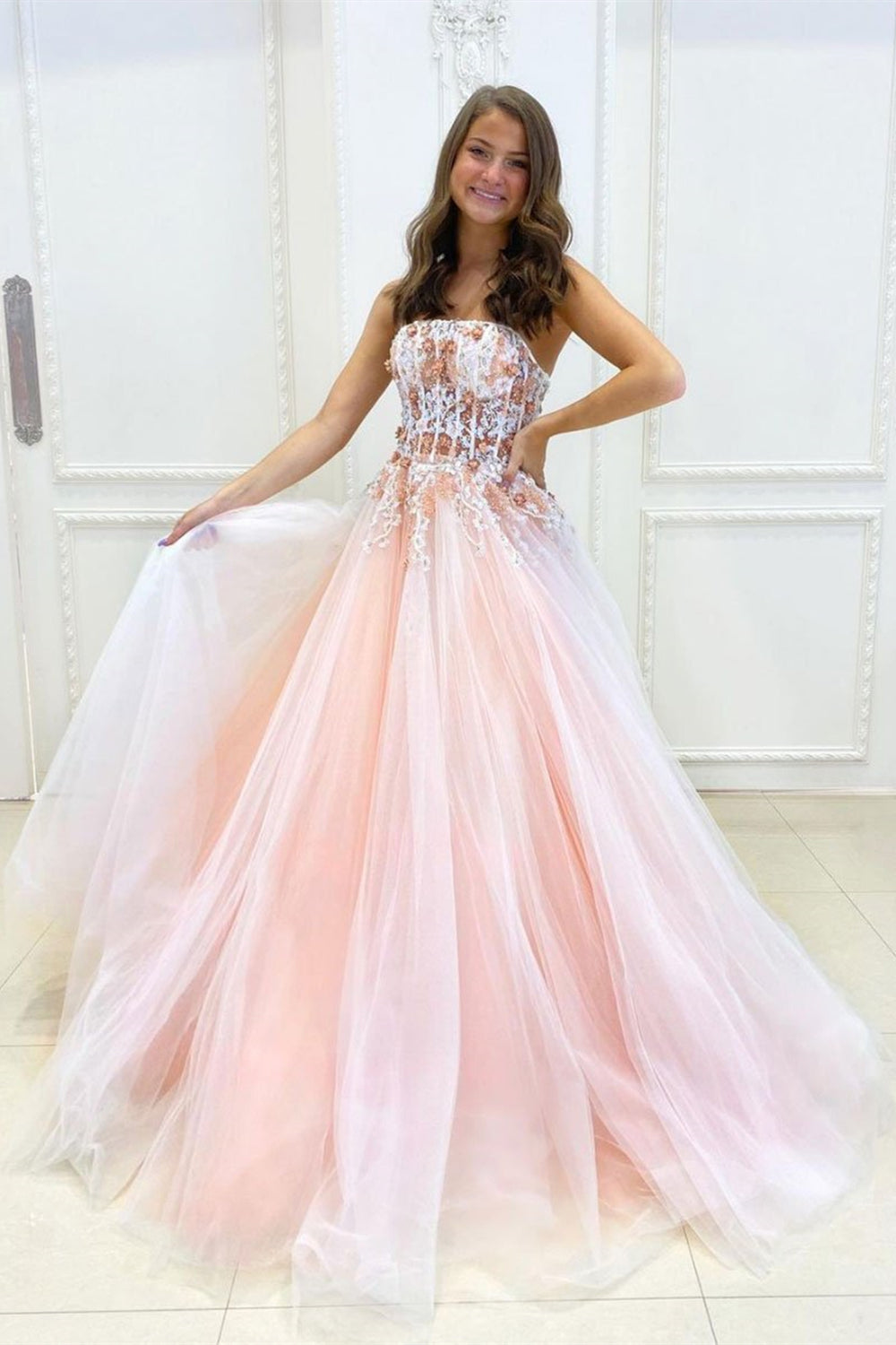 Unthony - Strapless Pink Lace Floral Long Prom Dress