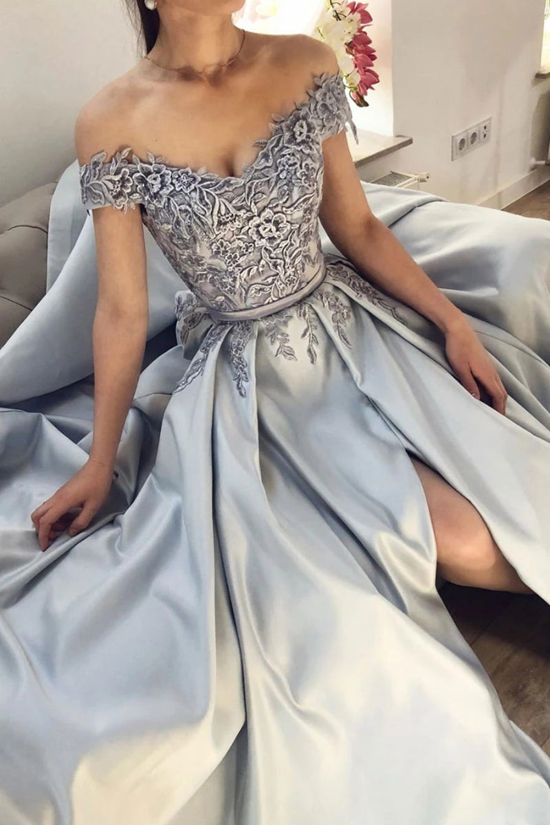 Unthony - Off Shoulder Gray Lace Appliques Long Prom Dress with High Slit